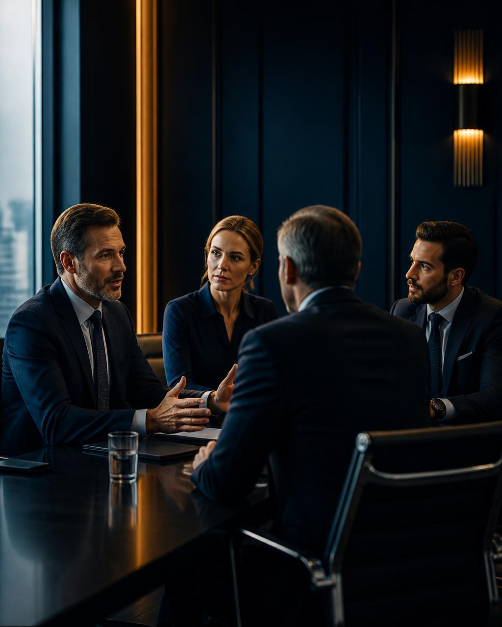 Executives in composed discussion around a boardroom table during a high-stakes negotiation